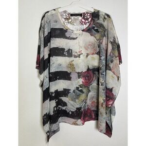 Clotheshead Floral Stripe Lace Neck Sheer Poncho Top L/XL Black White Red